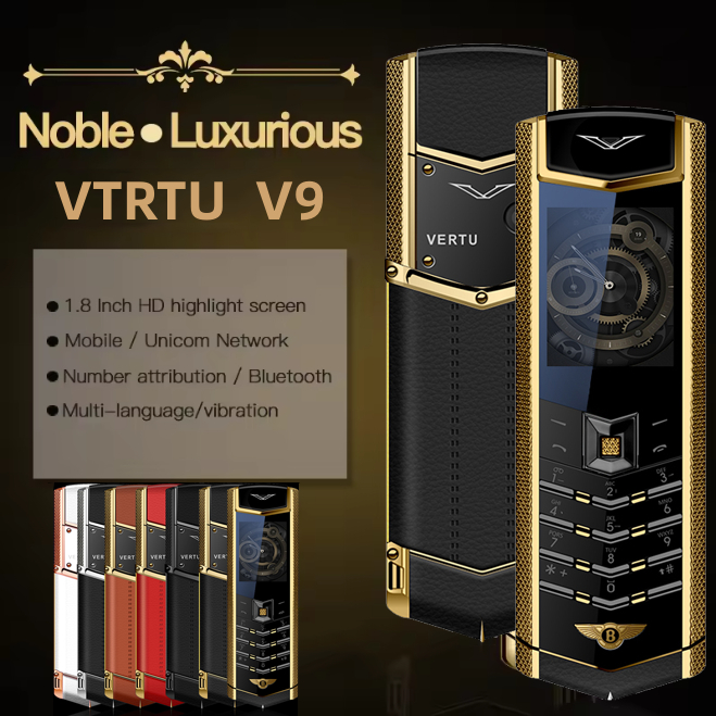 VERTU V9 โทรศัพท์โลหะซองหนัง Dual Card Slot 2G GSM วิทยุ FM บลูทูธ Dialer อาวุโสโทรศัพท์มือถือที่มอง