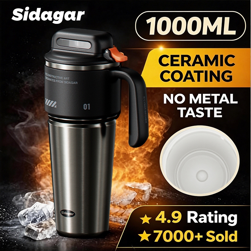 Sidagar แก้วเก็บความเย็นของแท้ 100% แก้วน้ำเก็บความเย็น 1000ML ขนาดใหญ่ เก็บร้อนเย็น สำหรับรถ เซรามิกด้านใน แก้วเก็บอุณหภูมิ Soprts Water Bottle