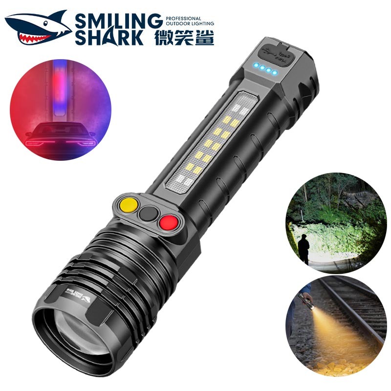 SmilingShark SD5466 ไฟฉาย led ซุปเปอร์ไบรท์ ด้วย ไฟแฟลชสีขาว / แดงและน้ำเงิน ซูมได้ คบเพลิง 10โหมด Type-C ชาร์จใหม่ได้ สำหรับการตั้งแคมป์ การใช้ในกรณีฉุกเฉิน