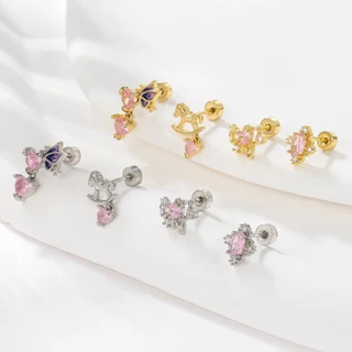 1 ชิ้น ต่างหูเหล็กไทเทเนียม G23 ประดับพลอยสีชมพู ต่างหูสุดน่ารัก ของขวัญเครื่องประดับ