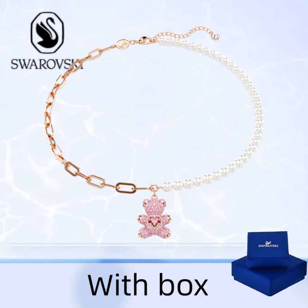 สร้อยคอมุกคริสตัล Swarovski ดีไซน์จี้หมีสีชมพู ผลิตจากเงินแท้