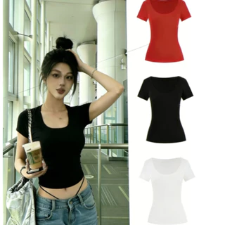 พร้อมส่ง ReinaQueen เสื้อยูนีคอทีเชิ้ตเข้ารูป ผ้าไมโครไฟเบอร์USA นุ่มละมุน สไตล์หวานใสเซ็กซี่ เข้ารูปโชว์หุ่น สาวตัวเล็กดูสูง ฮิตติดเทรนด์