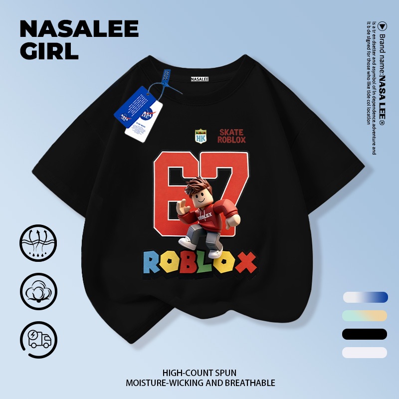 【จัดส่งจากกรุงเทพ】เสื้อยืดผ้าฝ้ายสีดำ NASA สำหรับเด็ก ลาย sixseven ตุ๊กตาบล็อก สไตล์อเมริกันสุดเท่ เหมาะสำหรับเด็กอายุ 3-16 ปี ทรงหลวม แขนสั้น ใส่สบายสำหรับเปิดเทอม