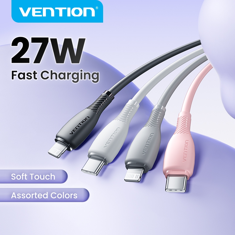 Vention สาย USB-C to Lightning ชาร์จเร็ว 3A PD Protocol 27W ผลิตจาก PVC นุ่ม หลากสี สำหรับ iP ซีรีส์ 8-14