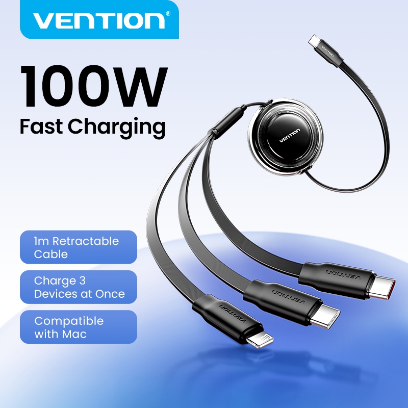 Vention 3-in-1 Retractable Cable Type-C+Lightning 5A 100W PD Fast Charge Smart Power Delivery สําหรับโทรศัพท์/แท็บเล็ต/แล็ปท็อป
