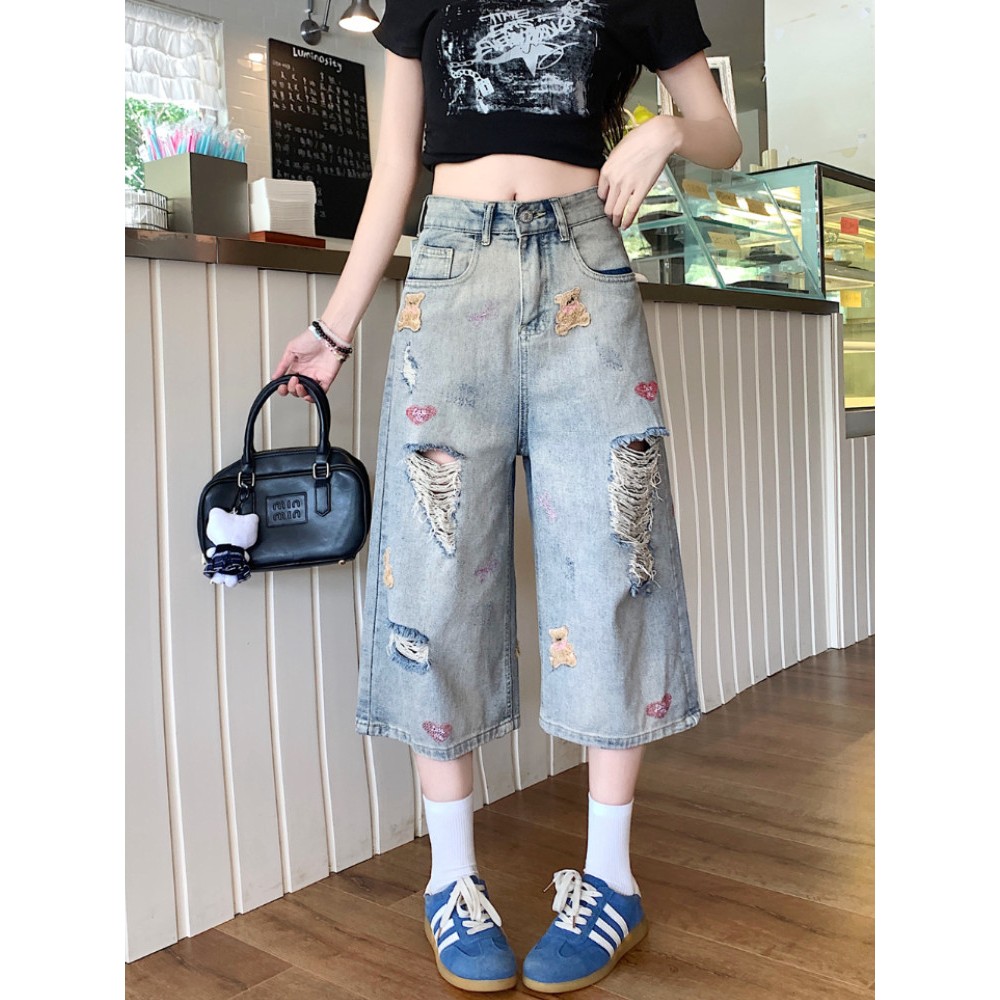 Solovely S-4XL กางเกงยีนส์ ผู้หญิง สไตล์เกาหลี งานปัก ขาด กางเกงขายาวสามส่วน