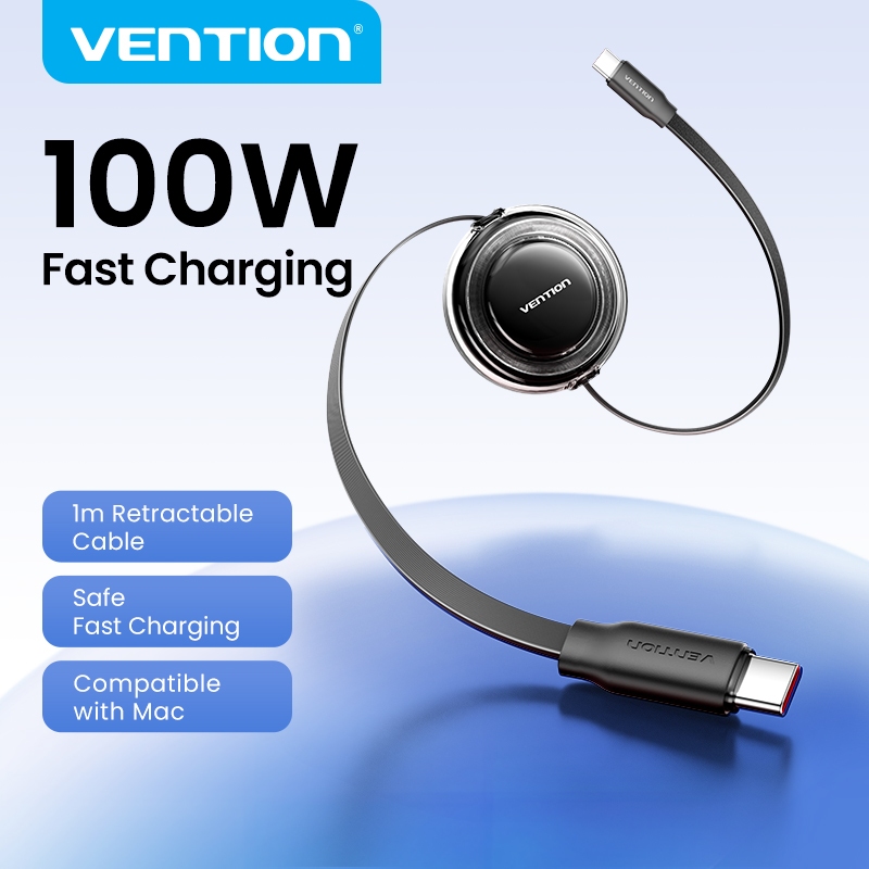 Vention 100W Retractable Cable 5A Fast Charging Auto-Rewind สําหรับแล็ปท็อป/โทรศัพท์/อุปกรณ์ Type-C