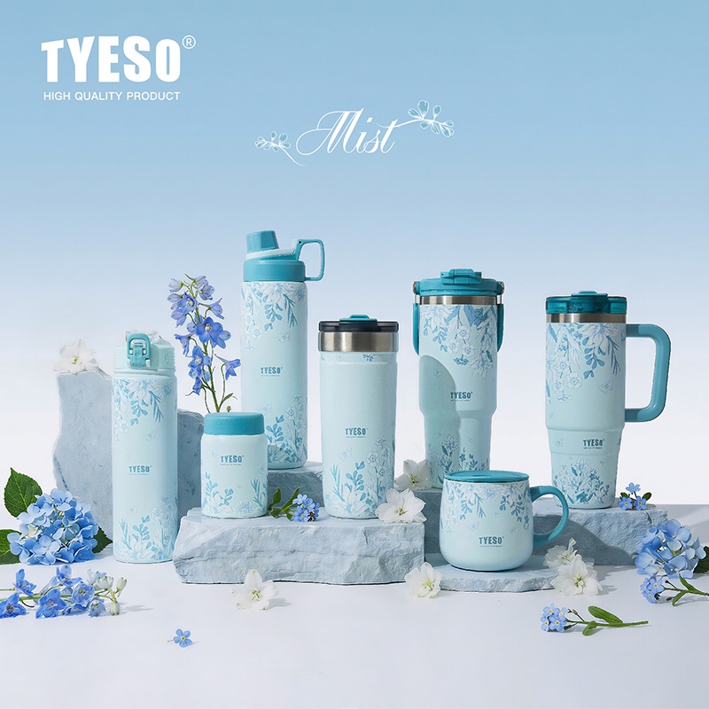 TYESO Sky Blue Floral Insulated Tumbler สแตนเลสถ้วยสูญญากาศพร้อมฟาง 24H เย็น 12H ร้อน