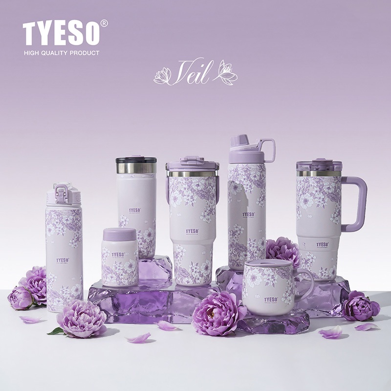 TYESO Lavender Floral Insulated Tumbler สแตนเลสถ้วยสูญญากาศพร้อมฟาง 24H เย็น 12H ร้อน