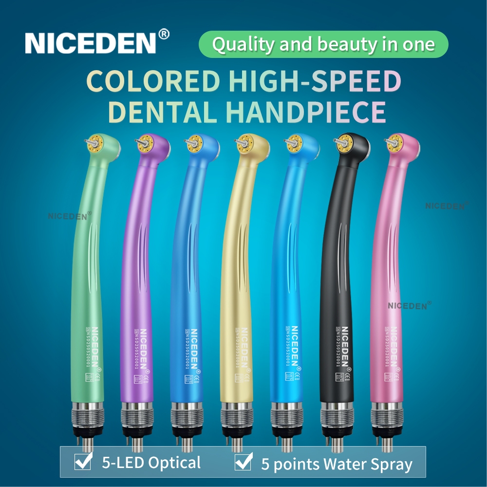 NICEDEN ประเภทสีสัน 5 น้ำ ฟัน 5 LED ด้ามอลูมิเนียมอัลลอย เครื่องเจาะฟันความเร็วสูง ขับเคลื่อนด้วยตัวเอง เทอร์ไบน์อากาศ อุปกรณ์ทันตกรรม มาตรฐาน 2/4 รู ตลับโรเตอร์