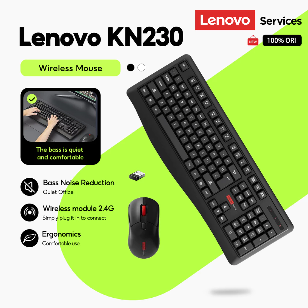 Lenovo KN230 2.4G คีย์บอร์ดและเมาส์ไร้สาย Combo ปุ่มเงียบบางเฉียบกันน้ํากันฝุ่น Ergonomic Optical Mouse ชุดสําหรับ Windows PC แล็ปท็อป Office Home