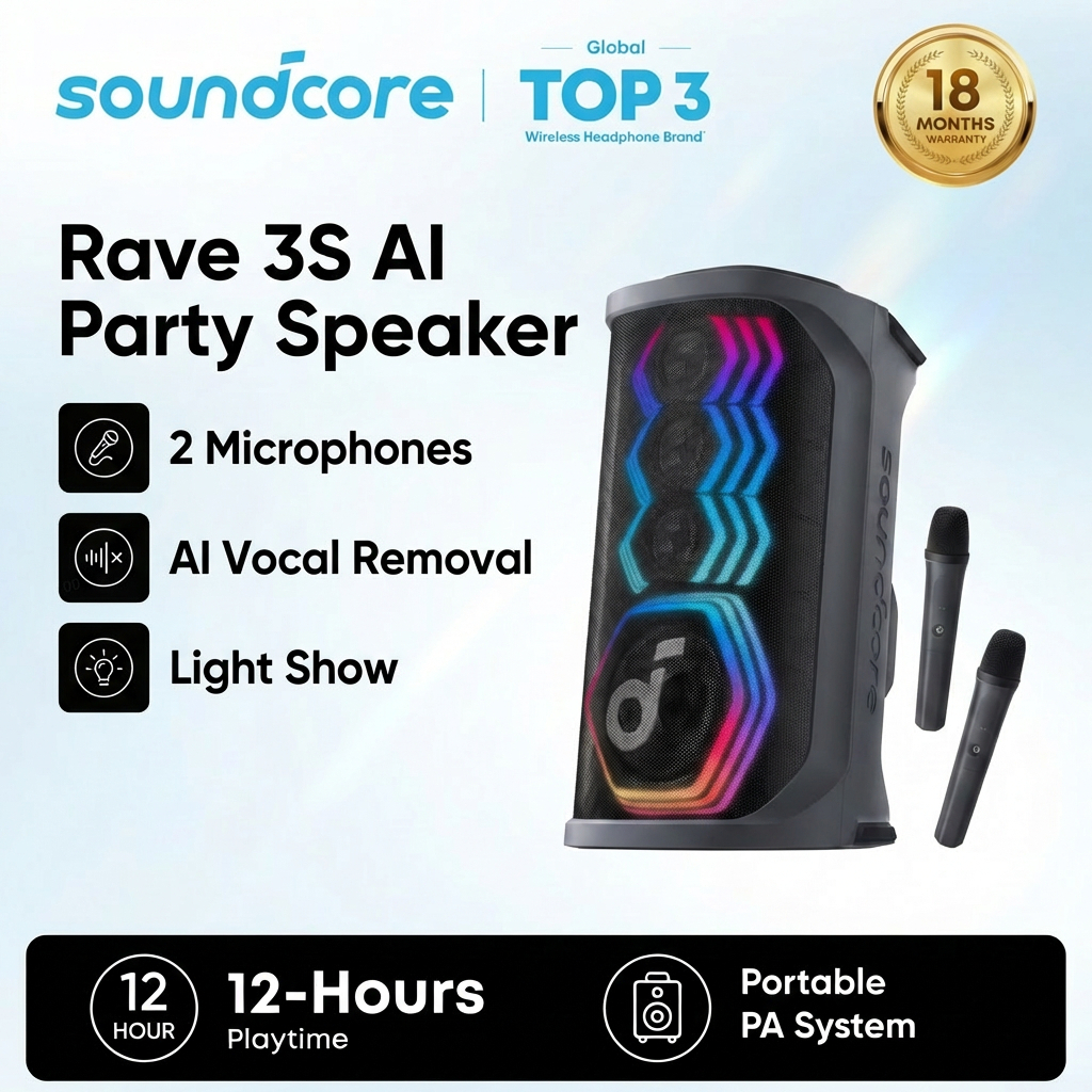 [NEW]ANKER soundcore Rave 3S Partybox Karaoke Speaker ฟังก์ชั่นไกด์เสียงร้อง Ai ลำโพงปาร์ตี้ ไร้สายแ