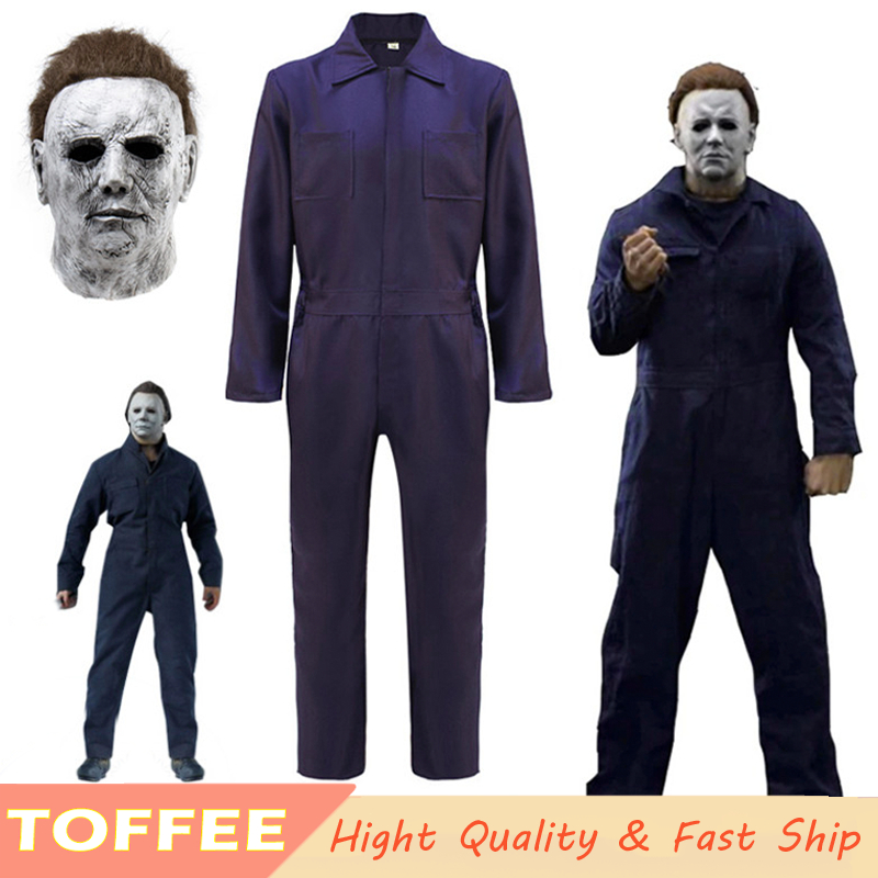 ชุดคอสเพลย์ Michael Myers สไตล์ Horror สำหรับผู้ชาย ชุดแจ็คสูทสีน้ำเงินดำพร้อมหน้ากาก Halloween