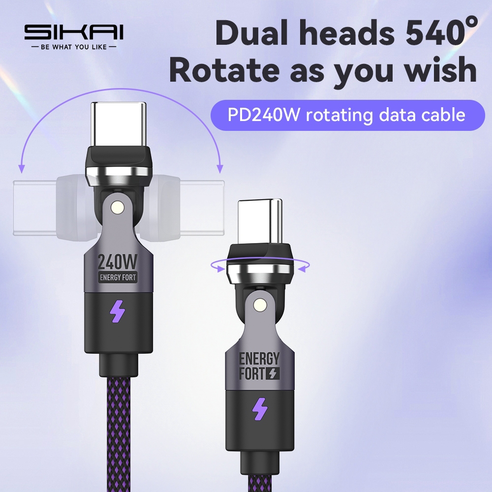 240W Max Dual Heads 540° หมุนสายชาร์จเร็วถ่ายโอนข้อมูล USB C ถึง USB C การหมุนมุมใดๆ