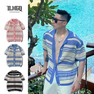 TLHGQ เสื้อเชิ้ตแขนสั้นผ้าถักลายทางลําลองฤดูร้อนสําหรับวัยรุ…