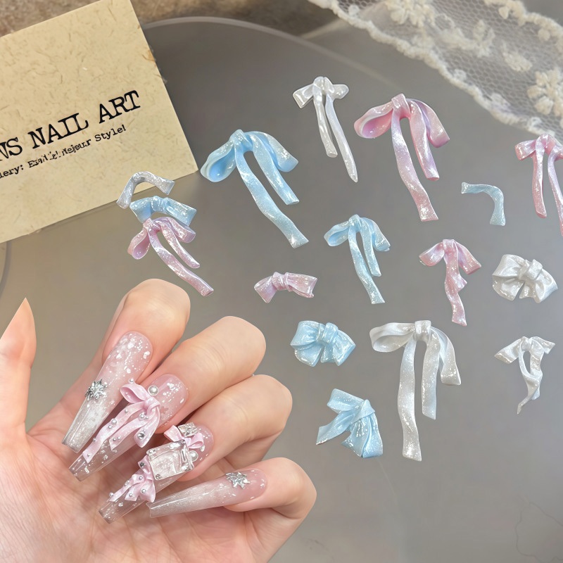 50pcs 3D นุ่มแกะสลัก BowKnot เล็บ Charms Pearlescent ซาตินยาวริบบิ้น Elegant BowS เล็บ DIY หวานตกแต่งเล็บ