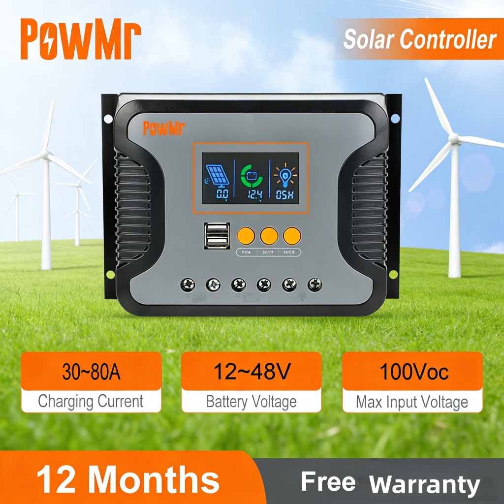 PowMr PWM คอนโทรลเลอร์ชาร์จพลังงานแสงอาทิตย์ 30A 60A 80A 12 V/24 V/36 V/48 V Auto Max PV อินพุต 100 V LCD รองรับตะกั่วกรด LiFePO4 แบตเตอรี่รับประกัน 1 ปี