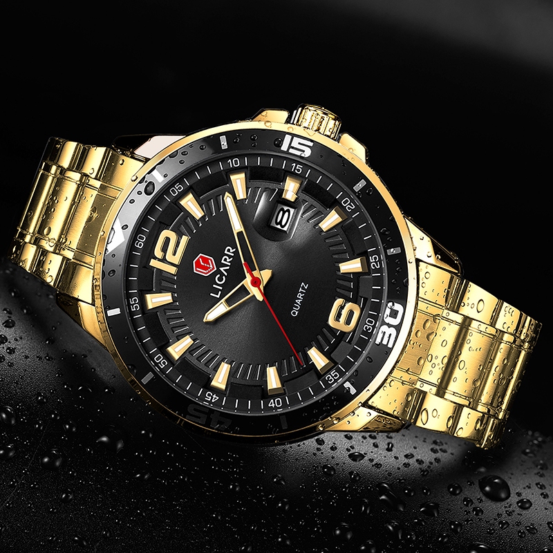 LICARR แฟชั่นชั้นนําธุรกิจควอตซ์กันน้ําปฏิทินเรืองแสงนาฬิกาผู้ชาย 9525