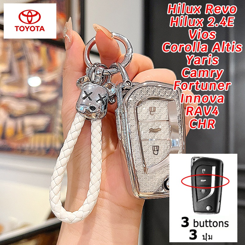 3 ปุ่ม Toyota Vios Yaris Atis Hilux Revo เคสกุญแจรถพลิก Hilux 2.4E Fortuner Innova Camry RAV4 CHR Prado Toyota คริสตัลสไตล์พับกุญแจรถพวงกุญแจ