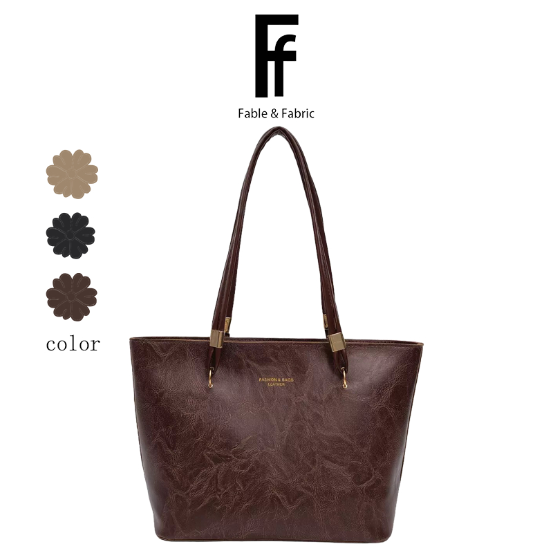 Fable & Fabric Retro Oil Wax Leather Tote Bag Commuter กระเป๋าสะพายความจุขนาดใหญ่ All-Match Workplace กระเป๋าหญิง