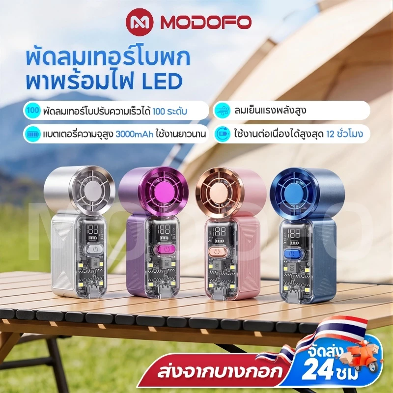 MODOFO พัดลมมือถือพกพา ความเร็วสูง ไฟ LED ในตัว เสียงเบา