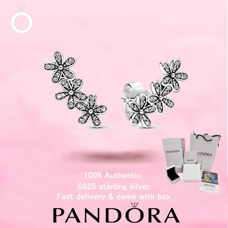 (44)ใหม่ Pandora เครื่องประดับเงินสเตอร์ลิง ต่างหูพวงมาลัยดอกเดซีย์ สำหรับของขวัญวันวาเลนไทน์