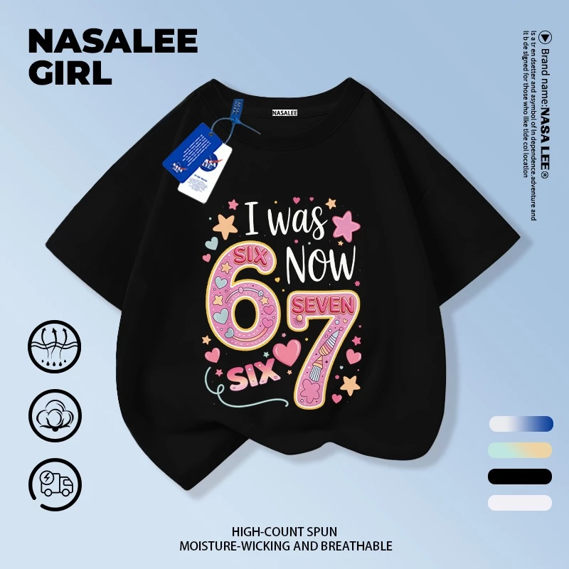 【จัดส่งจากกรุงเทพฯ】 เสื้อยืดผ้าฝ้ายสำหรับเด็ก NASA สีดำ ลายพิมพ์ sixseven สไตล์น่ารัก สินค้าใหม่ฤดูร้อน สำหรับเด็กผู้หญิง ทรงสบาย