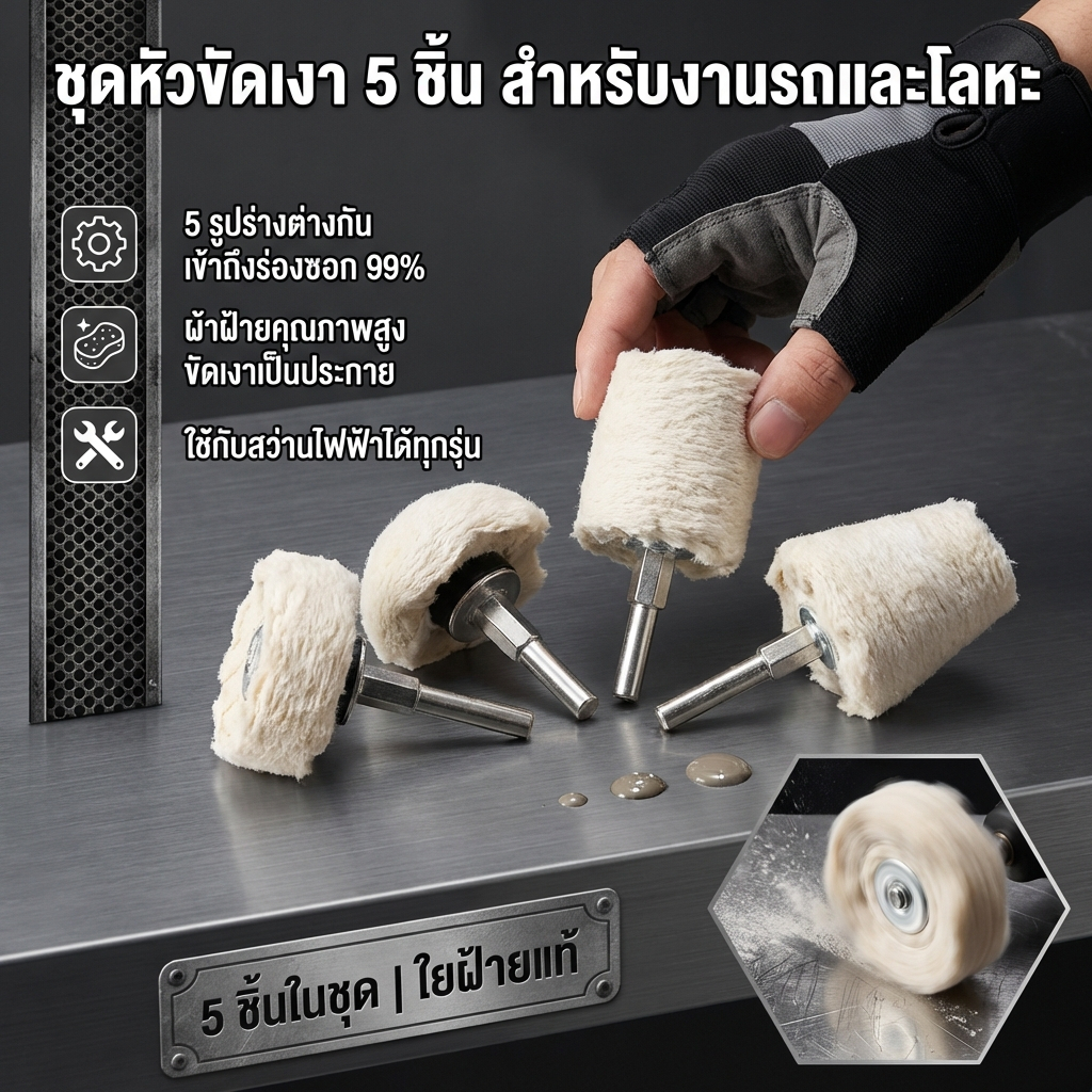 ชุด ลูกขนแกะมีแกน ล้อผ้าขัดมีแกน แผ่นขัดล้อ สําหรับขัดเงารถยนต์  5 ชิ้น