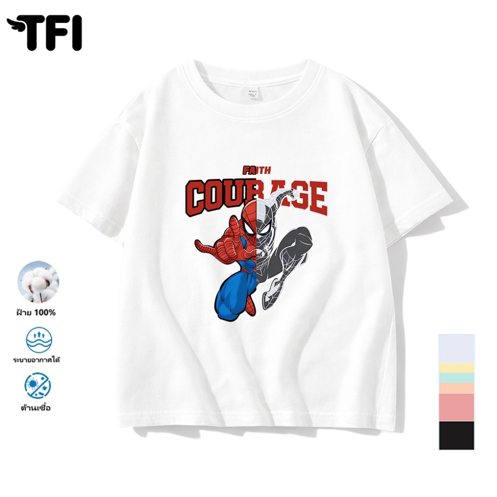 TFI เสื้อยืดแขนสั้นเด็ก สไตล์ลำลอง summer Spider-Man พิมพ์ลาย คอตตอน คอกลม หลวมและระบายอากาศ สำหรับเ
