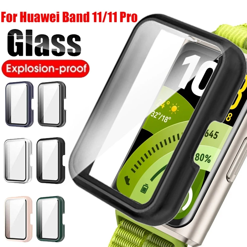 แก้ว + กรณีสําหรับ HUAWEI Band 11 อุปกรณ์เสริม All-Around Hard PC กรอบกันชนกระจกนิรภัยฝาครอบสําหรับ Huawei band11 กรณี