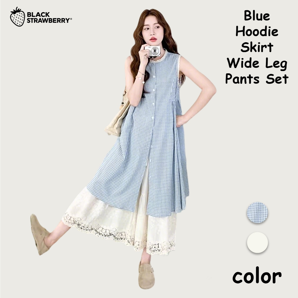 สตรอเบอร์รี่สีดำฝรั่งเศส เซตเสื้อลูกไม้สีฟ้าและกระโปรงกางเกงขากว้าง