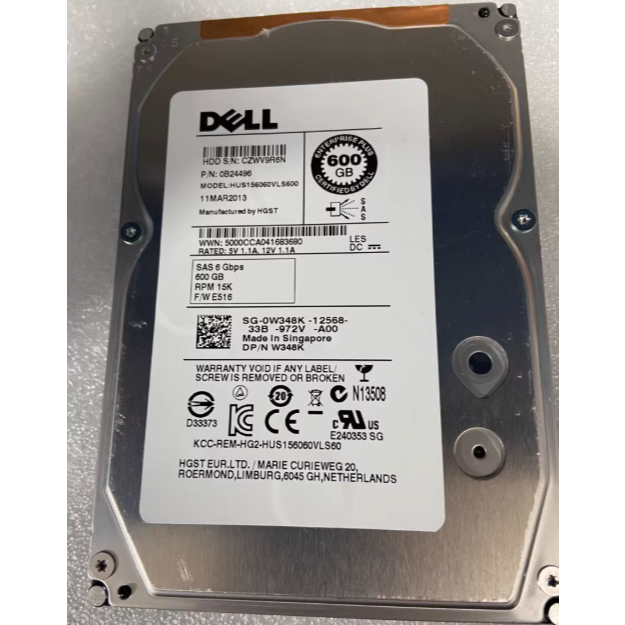 สําหรับ Dell W348K 600G SAS 15K 6G 3.5 นิ้วเซิร์ฟเวอร์ฮาร์ดไดรฟ์ 0W34K
