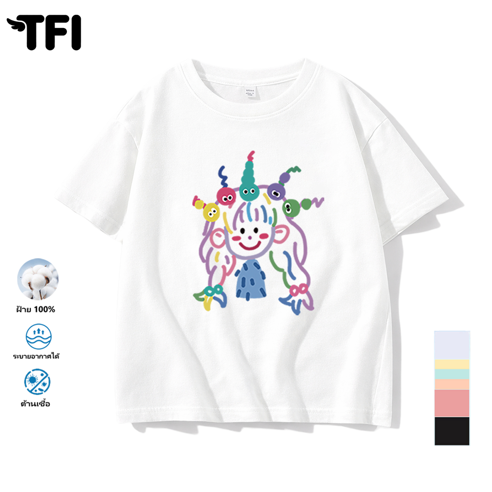 TFI เสื้อยืดแขนสั้นเด็ก สไตล์ลำลอง summer น่ารัก พิมพ์ลาย คอตตอน คอกลม หลวมและระบายอากาศ สำหรับเด็ก