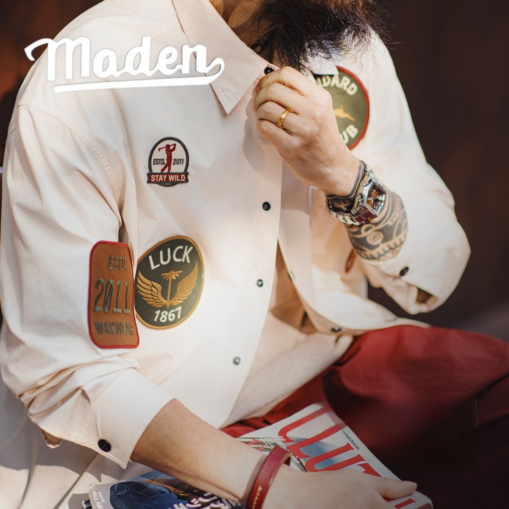 MADEN American Retro แจ็คเก็ตแขนยาวสีขาวบาง พิมพ์ลายบนเนื้อผ้า สำหรับผู้ชายฤดูใบไม้ผลิ