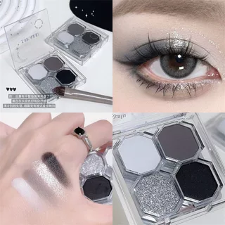 พาเลตต์อายแชโดว์ 4 สี สไตล์เวสเทิร์นพังก์: สำหรับแต่งตาแบบแคทอาย - สีดำซีเมนต์ สีเทา และชิมเมอร์