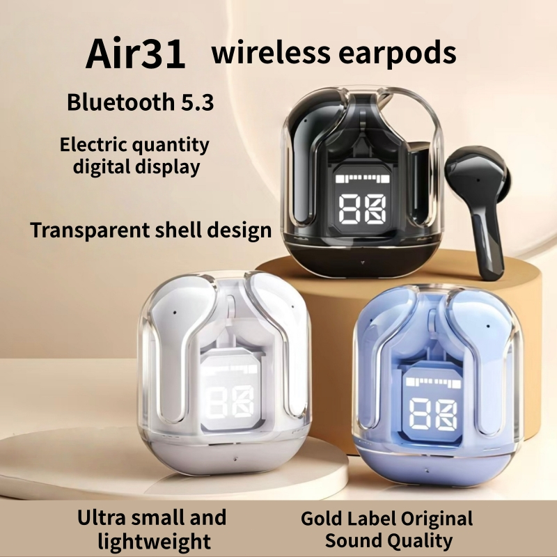 Air31 ไร้สายในหูบลูทู ธ 5.3 หูฟังโปร่งใสชาร์จไซโลจอแสดงผลดิจิตอลสมาร์ทซิลิโคนหูหมวก