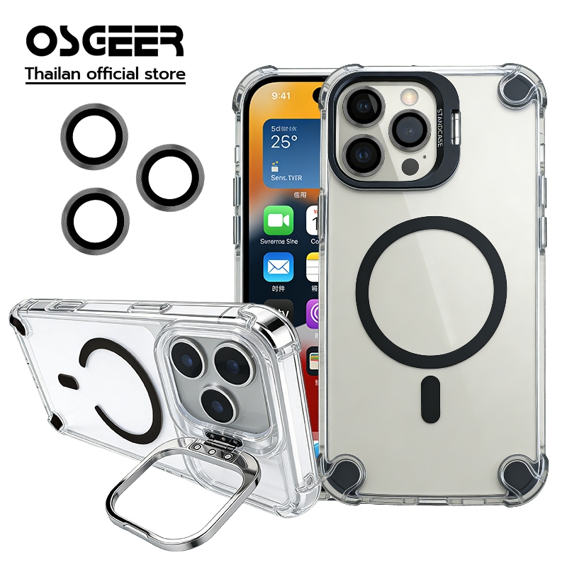 OSGEER สําหรับ iPhone 17 16 15 14 13 12 11 Pro Max Case พร้อมขาตั้ง Stash, ฝาครอบควบคุมกล้อง, เคสโทรศัพท์แม่เหล็กป้องกันการตกระดับทหาร, ฝาหลังป้องกันรอยขีดข่วน