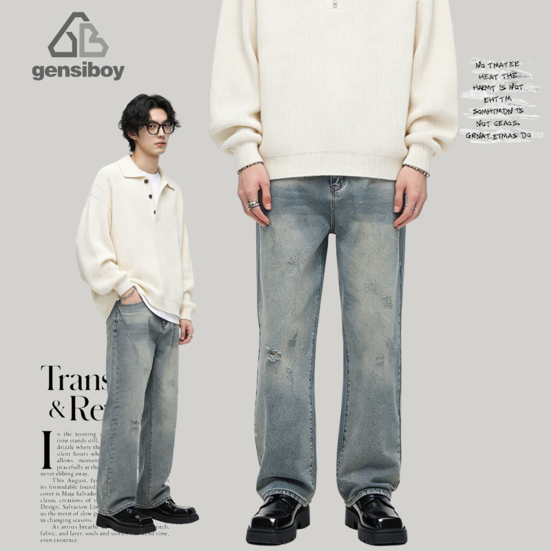 Gensiboy-กางเกงยีนส์วินเทจ ผู้ชาย ทรง Baggy สีฟ้า สตรีทสไตล์ สวมใส่สบายๆ