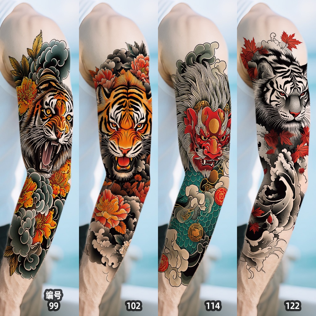 ใหม่ไม่ซ้ําสติกเกอร์รอยสักเต็มแขนกันน้ําที่มีสีสันครอบงําเสือดอกไม้ใหญ่แขนสักสติกเกอร์ที่มีประสิทธิภาพหล่อเย็นแบบดั้งเดิมสไตล์เหมาะชาย/หญิงสามารถสติกเกอร์แขนสีชั่วคราวเทศกาลดนตรีร่างกายศิลปะแต่งท