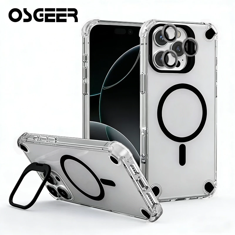 OSGEER สําหรับ iPhone 17 16 15 14 13 12 11 Pro Max, Drop Full-Body Clear ในตัวผู้ถือเลนส์ Kickstand พร้อมชาร์จไร้สายกันกระแทกเคสโทรศัพท์ป้องกัน