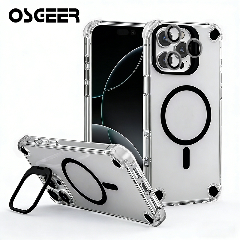 OSGEER สําหรับ iPhone 17 16 15 14 13 12 11 Pro Max, ทหารเกรด Drop Full-Body Clear ในตัวผู้ถือเลนส์ Kickstand พร้อมชาร์จไร้สายกันกระแทกเคสโทรศัพท์ป้องกัน
