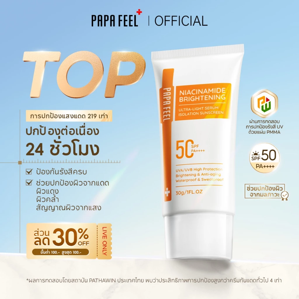 PAPA FEEL กันแดด 219X Niacinamide Brightening 30g/40g สำหรับผิวแพ้ง่าย | สำหรับผิวแพ้ง่าย | ซึมไว | ไบร์ทเทนนิ่ง | บางเบา | ไม่เป็นคราบขาว