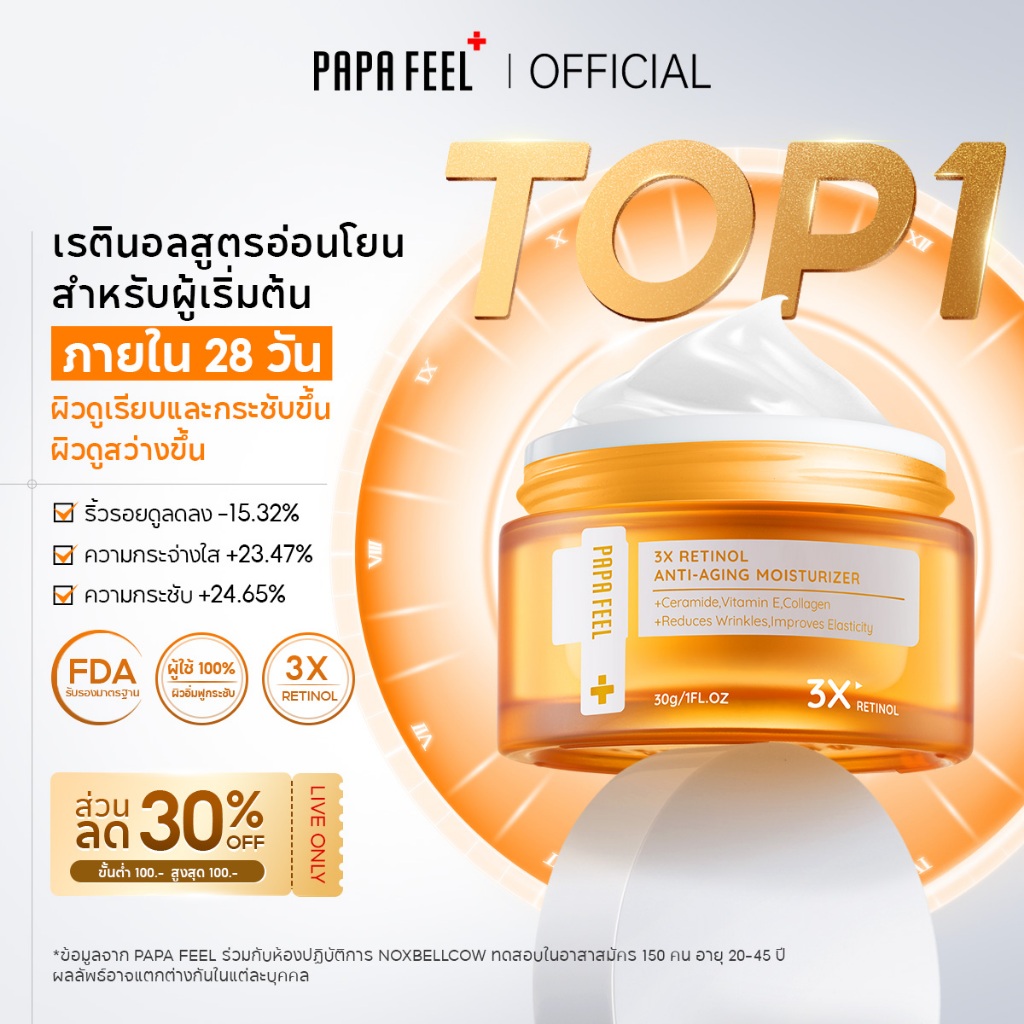 PAPA FEEL 3X Retinol ครีม Anti-Aging Moisturizer 30g ลดริ้วรอย ชุ่มชื้นล้ำลึก ลดริ้วรอย ผิวกระจ่างใส เหมาะสำหรับผิวแพ้ง่าย