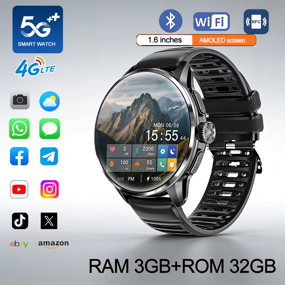 4G/5GอินฟราเรดSmartwatch Video Call 1.6 นิ้วหน้าจอAMOLED HDกล้อง 3GB + 32GB RAMนาฬิกาWIFI GPSเข็มทิศ