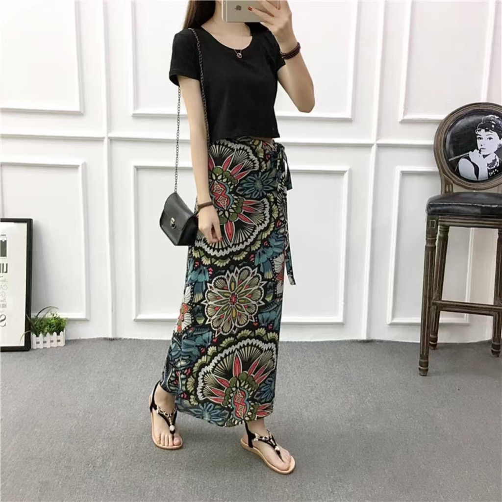 กระโปรงชีฟองลาย lace-up สำหรับผู้หญิง สไตล์.slimmer ทรงยาว เหมาะสำหรับฤดูร้อนและการไปชายหาด (หนึ่งไซส์)