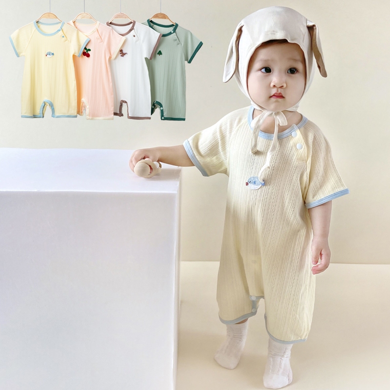 ใหม่สีธรรมดาJumpsuit Breathable Ribbedผ้าฝ้ายเสื้อผ้าเด็กทารกสาวRomperบอดี้สูททารกแขนสั้นOnesies