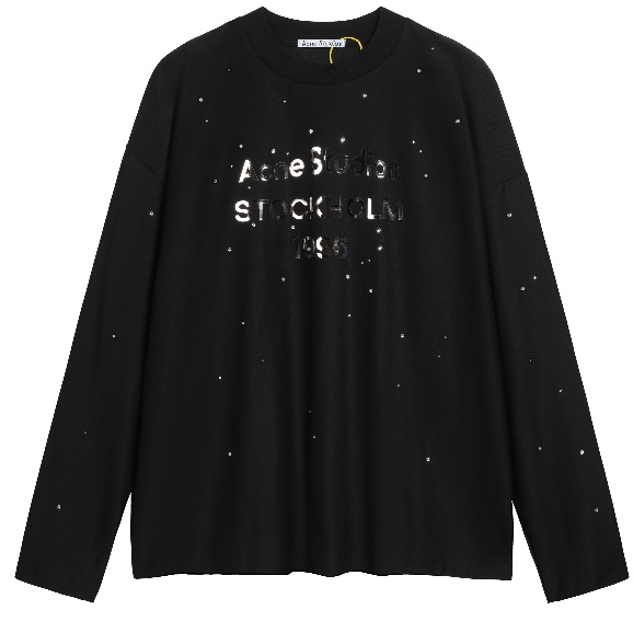 A Letter High-Street Style Unisex New Rhinestone Digital Letter Logo เสื้อยืดแขนยาวสําหรับผู้ชายและผู้หญิง– ผ้าฝ้าย 100% สีดํา / สีขาว S-XL