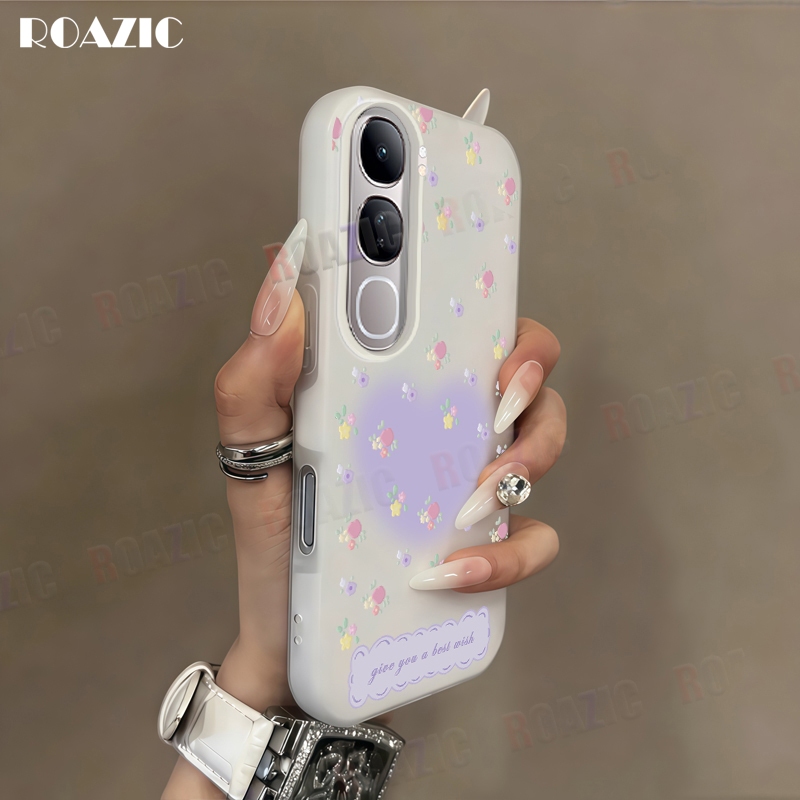 Dual Layer ป้องกัน Jelly ปลอกสําหรับ VIVO Y200 Y100 Y20 Y20s Y20i Y12s Y12A ดอกไม้สีม่วงหัวใจออกแบบ 