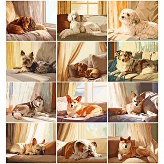 สุนัขบนโซฟา / ระบายสีตามตัวเลข / ผนัง ศิลปะ / ภาพวาดผ้าใบ / …