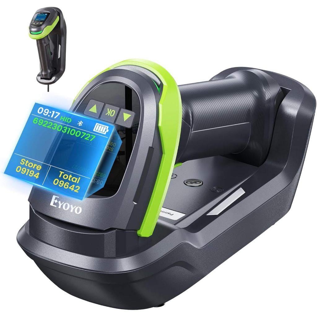 Eyoyo Barcode Scanner ไร้สายพร้อมหน้าจอ: Pro 1D 2D QR Bluetooth Scanner, Wall-Mount ล็อคชาร์จ Cradle, 2900mAh แบตเตอรี่แบบถอดได้, 1.44 “LCD ชุดปุ่มกด, เครื่องอ่านมือถือ POS